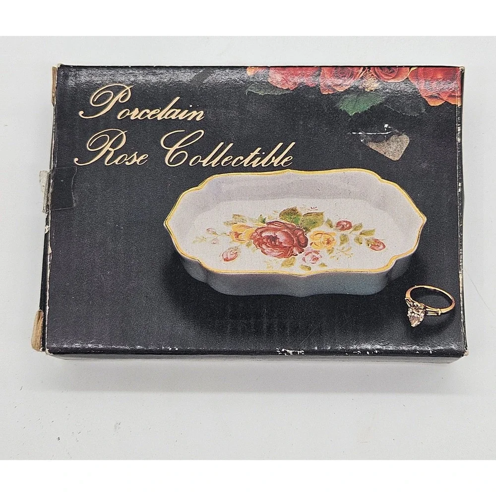 Vintage Porcelain Rose Collectible Trinket Dish Scalloped Gold Rim Floral Tray